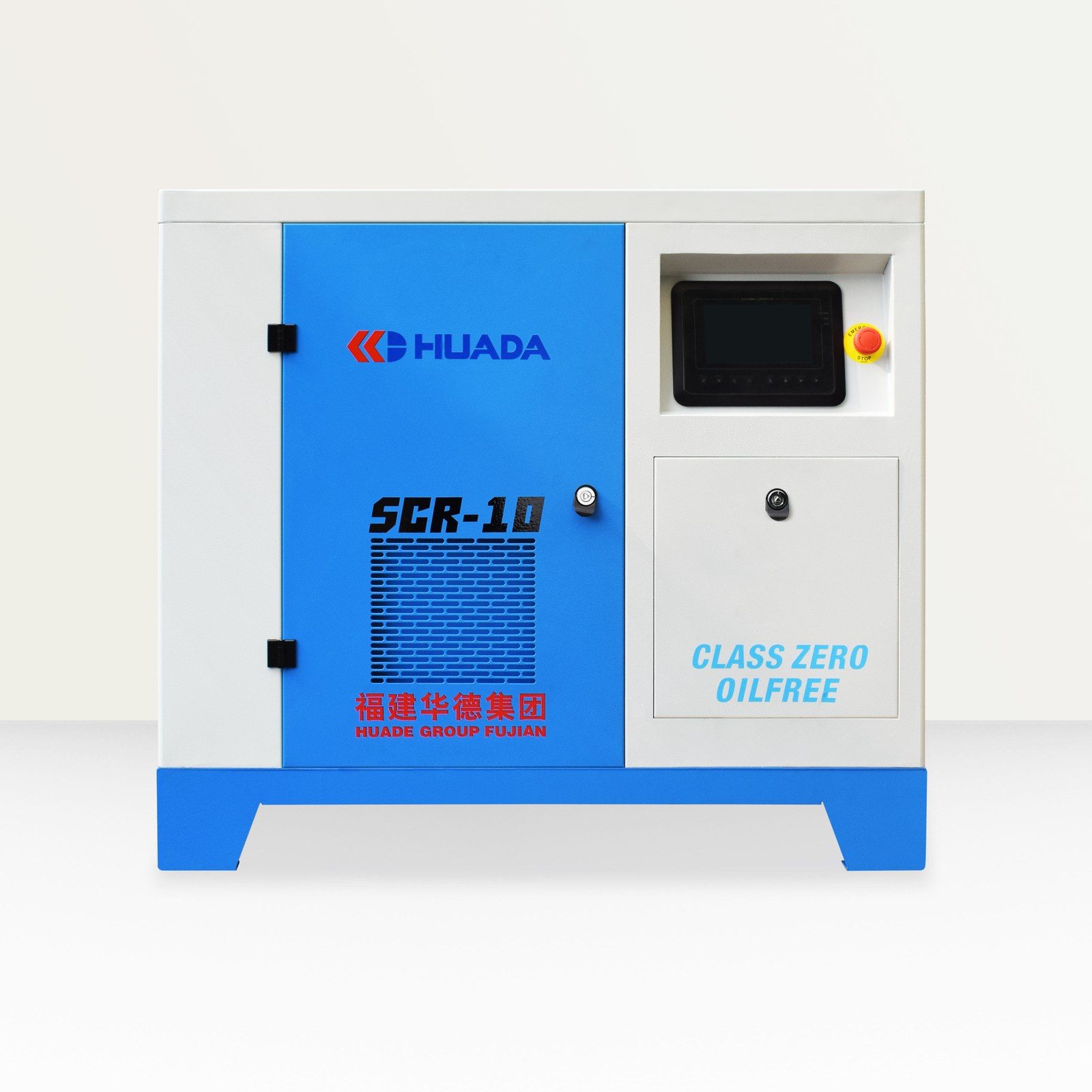 HUADA SCR-10 oil-free scroll air compressor, white and blue cabinet with HUADA logo and touch screen